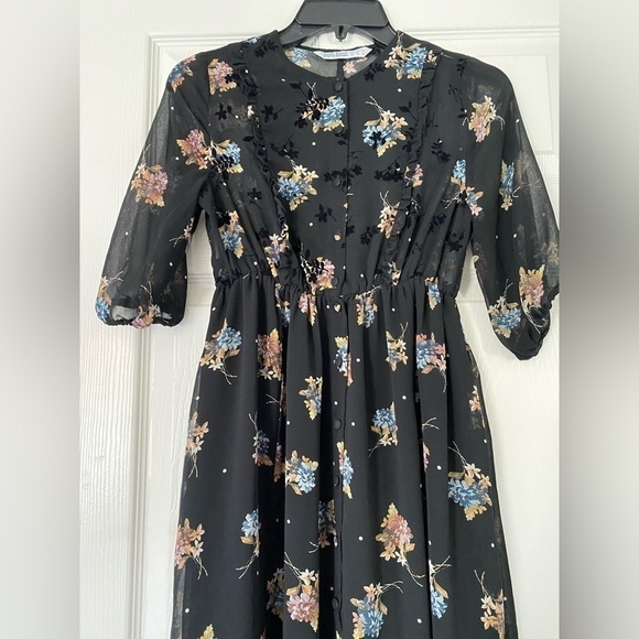 Zara Blogger Favorite Gothic Dark Floral Babydoll Long Sleeve MIDI Dress… - Picture 5 of 6